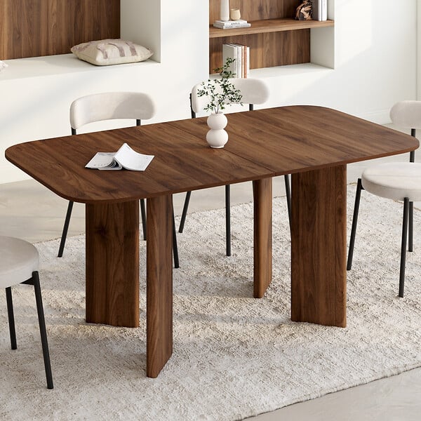 ID MARKET - Table à manger extensible rectangulaire arrondie CAPUCINE 6-10 personnes 4 pieds design arrondi noyer 160-200 cm - large