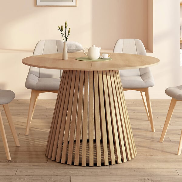 ID MARKET - Table à manger extensible ronde CARMEN 4-8 personnes pied bois en lattes et plateau bois 110 - 150 cm - large