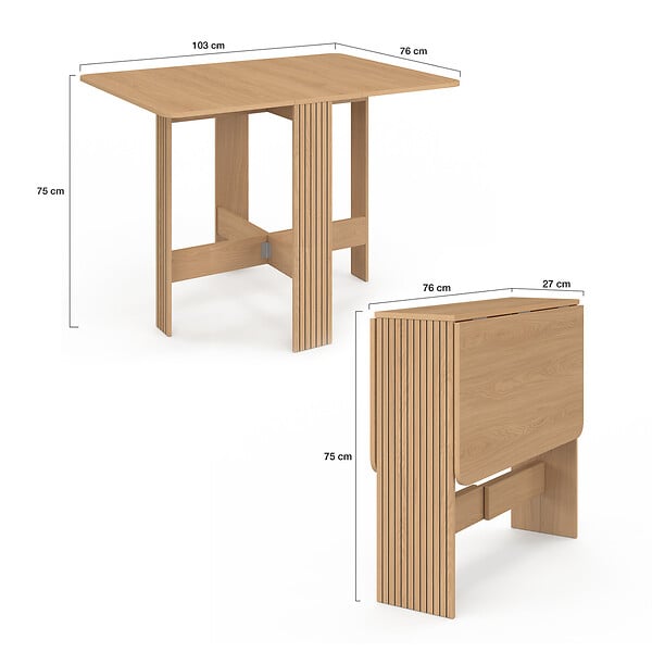 ID MARKET - Table console pliable JULIETTE 2-4 personnes lattes tasseaux de bois coloris chêne 103 x 76 cm - large