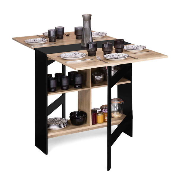 ID MARKET - Table console pliable EDI 2-6 personnes avec rangements bois noir plateau façon hêtre 150 x 80 cm - large