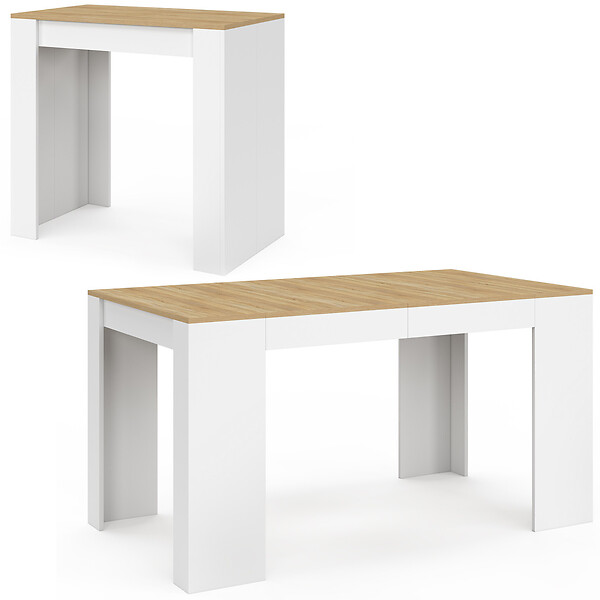 ID MARKET - Table console extensible ORLANDO 6 personnes 140 cm bois blanc et façon hêtre - large