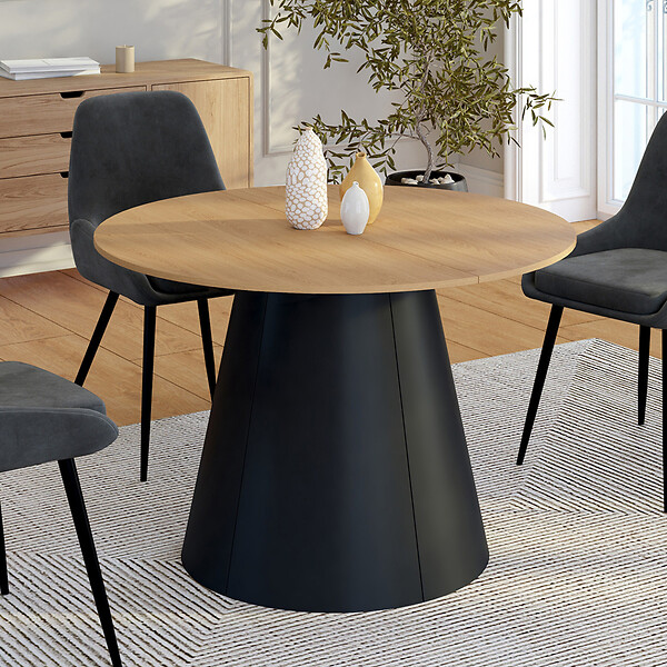 ID MARKET - Table à manger ronde extensible ANGELE 4-8 personnes bois effet hêtre et pied noir 110-150 cm - large