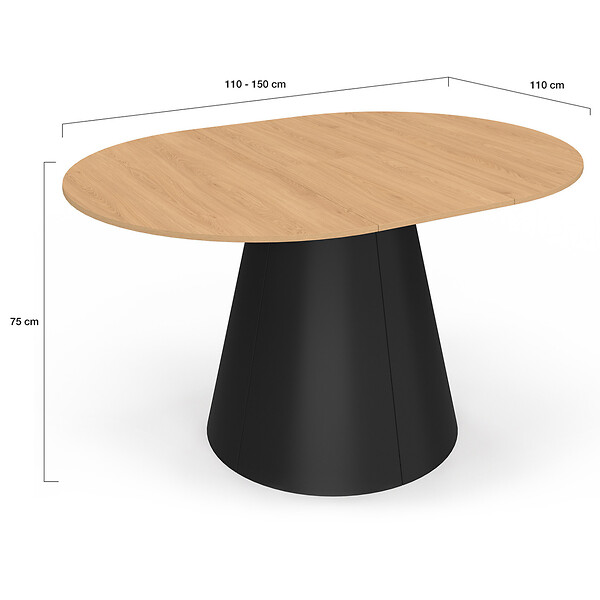 ID MARKET - Table à manger ronde extensible ANGELE 4-8 personnes bois effet hêtre et pied noir 110-150 cm - large