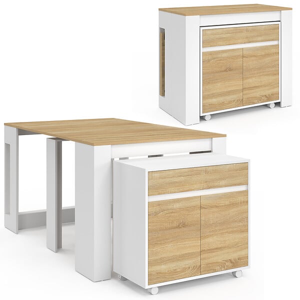 ID MARKET - Table buffet extensible ORLANDO 6 personnes 140 cm bois blanc façon hêtre - large