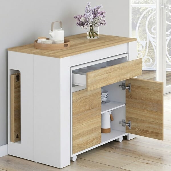 ID MARKET - Table buffet extensible ORLANDO 6 personnes 140 cm bois blanc façon hêtre - large