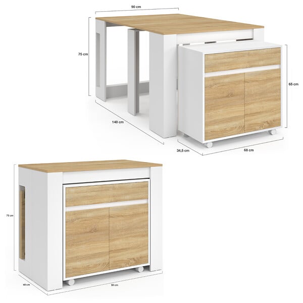 ID MARKET - Table buffet extensible ORLANDO 6 personnes 140 cm bois blanc façon hêtre - large