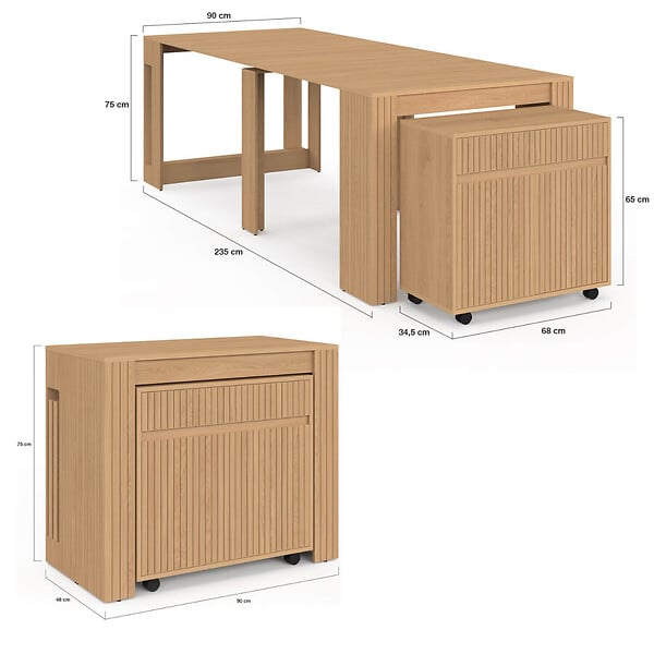 ID MARKET - Table buffet extensible JULIETTE 10 personnes 235 cm effet lattes tasseau bois coloris chêne - large