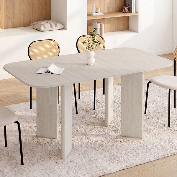 ID MARKET - Table à manger extensible rectangulaire arrondie CAPUCINE 6-10 personnes 4 pieds design arrondi façon travertin 160-200 cm - large