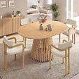 ID MARKET - Ensemble table à manger extensible ronde CARMEN 4-8 personnes pied lattes 110 - 150 cm et 4 chaises ESMA effet bois et bouclette - vignette