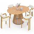 ID MARKET - Ensemble table à manger extensible ronde CARMEN 4-8 personnes pied lattes 110 - 150 cm et 4 chaises ESMA effet bois et bouclette - vignette