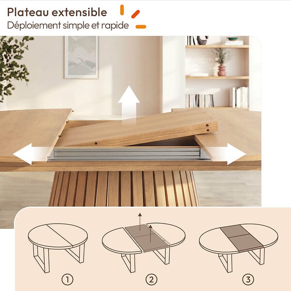 ID MARKET - Ensemble table à manger extensible ronde CARMEN 4-8 personnes pied lattes 110 - 150 cm et 4 chaises ESMA effet bois et bouclette - large