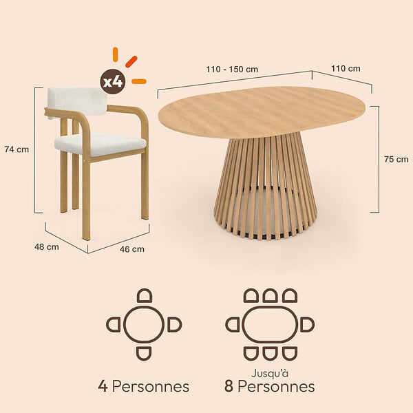 ID MARKET - Ensemble table à manger extensible ronde CARMEN 4-8 personnes pied lattes 110 - 150 cm et 4 chaises ESMA effet bois et bouclette - large