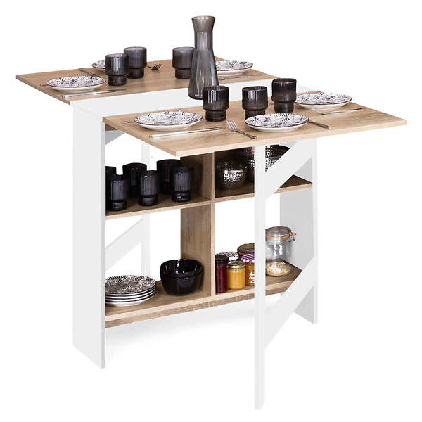 ID MARKET - Table console pliable EDI 2-6 personnes avec rangements bois blanc plateau façon hêtre 150 x 80 cm - large