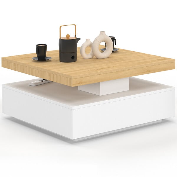 ID MARKET - Table basse carrée pivotante THEA 70 cm bois et blanc - large
