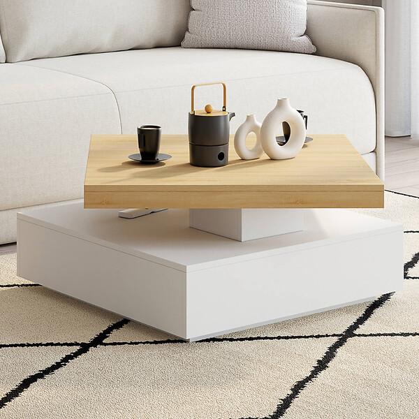ID MARKET - Table basse carrée pivotante THEA 70 cm bois et blanc - large