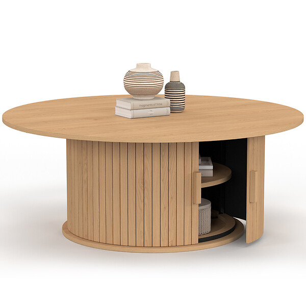 ID MARKET - Table basse ronde JULIETTE 100 cm avec rangement lattes tasseau bois coloris chêne - large