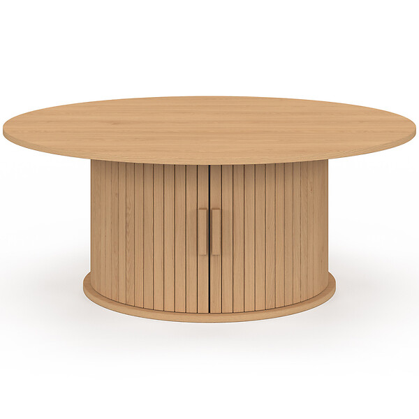 ID MARKET - Table basse ronde JULIETTE 100 cm avec rangement lattes tasseau bois coloris chêne - large
