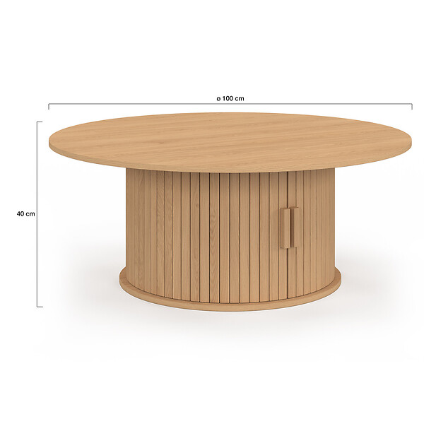 ID MARKET - Table basse ronde JULIETTE 100 cm avec rangement lattes tasseau bois coloris chêne - large