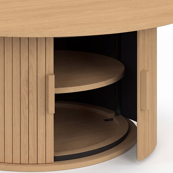 ID MARKET - Table basse ronde JULIETTE 100 cm avec rangement lattes tasseau bois coloris chêne - large
