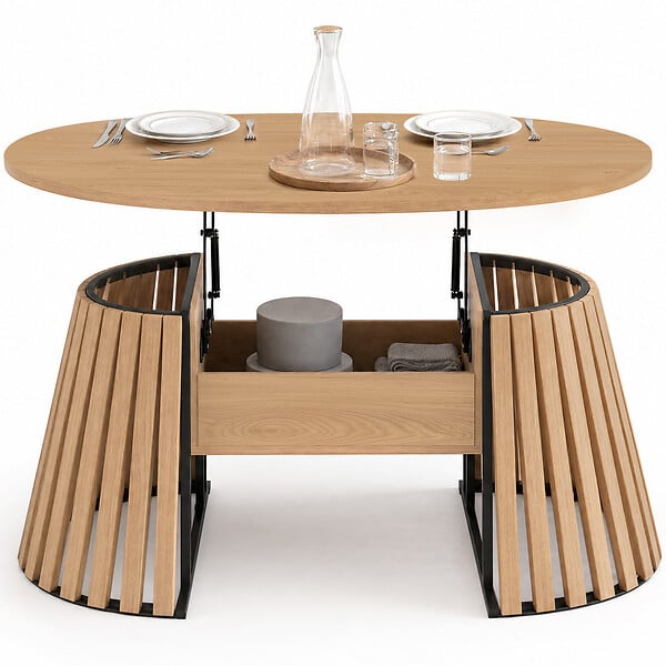 ID MARKET - Table basse plateau relevable ovale CARMEN 110 cm pieds bois en lattes et plateau bois - large