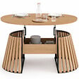 ID MARKET - Table basse plateau relevable ovale CARMEN 110 cm pieds bois en lattes et plateau bois - vignette