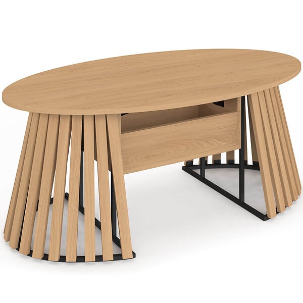 ID MARKET - Table basse plateau relevable ovale CARMEN 110 cm pieds bois en lattes et plateau bois - large