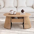 ID MARKET - Table basse plateau relevable ovale CARMEN 110 cm pieds bois en lattes et plateau bois - vignette