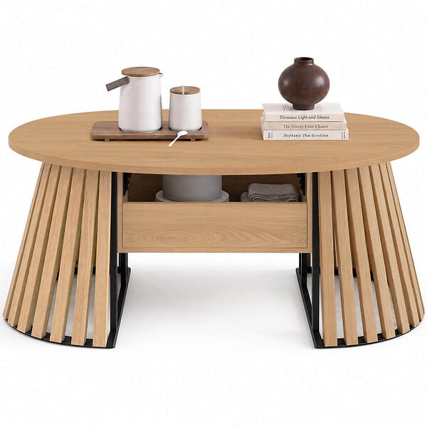 ID MARKET - Table basse plateau relevable ovale CARMEN 110 cm pieds bois en lattes et plateau bois - large