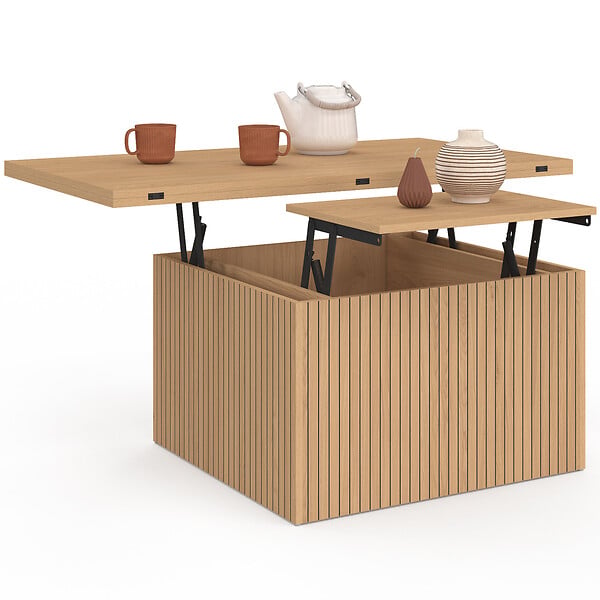 ID MARKET - Table basse plateau relevable rectangulaire convertible en table à manger JULIETTE 100 cm effet lattes tasseau bois - large