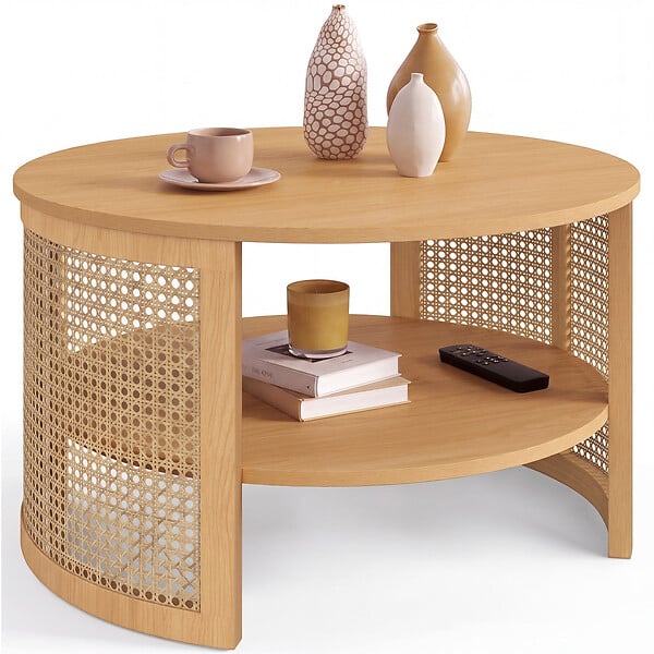 ID MARKET - Table basse ronde EDHEN 70 cm effet cannage naturel et bois - large