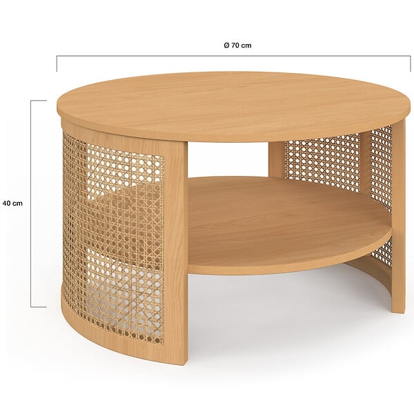 ID MARKET - Table basse ronde EDHEN 70 cm effet cannage naturel et bois - large