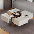 ID MARKET - Table basse carrée TALIA 70 cm avec tiroirs bois effet noyer et plateau travertin - vignette