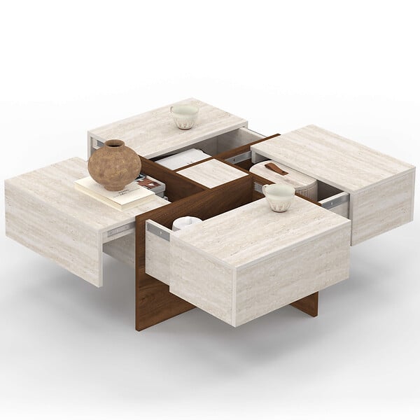 ID MARKET - Table basse carrée TALIA 70 cm avec tiroirs bois effet noyer et plateau travertin - large