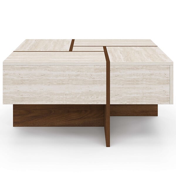 ID MARKET - Table basse carrée TALIA 70 cm avec tiroirs bois effet noyer et plateau travertin - large