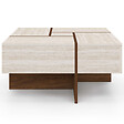 ID MARKET - Table basse carrée TALIA 70 cm avec tiroirs bois effet noyer et plateau travertin - vignette