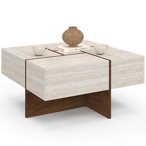 ID MARKET - Table basse carrée TALIA 70 cm avec tiroirs bois effet noyer et plateau travertin - large