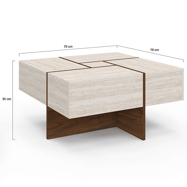 ID MARKET - Table basse carrée TALIA 70 cm avec tiroirs bois effet noyer et plateau travertin - large