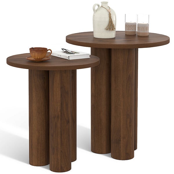 ID MARKET - Lot de 2 tables d'appoint rondes, table basse, bouts de canapé, tables de chevet ELOISE 35/40 cm bois effet noyer - large