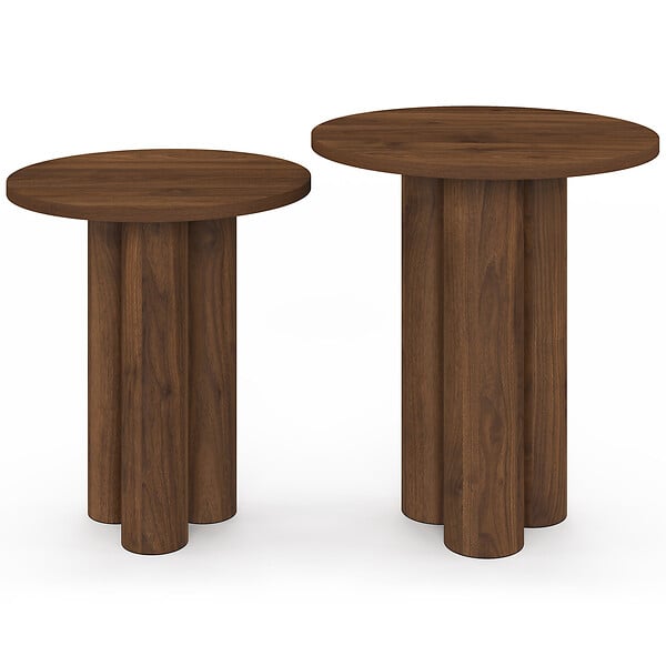 ID MARKET - Lot de 2 tables d'appoint rondes, table basse, bouts de canapé, tables de chevet ELOISE 35/40 cm bois effet noyer - large