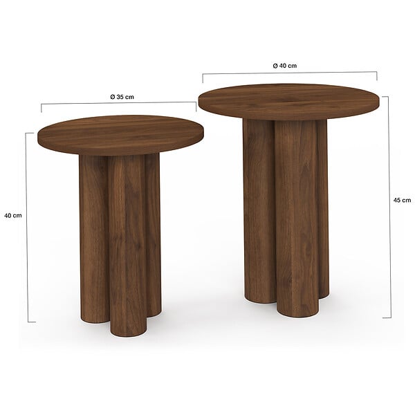 ID MARKET - Lot de 2 tables d'appoint rondes, table basse, bouts de canapé, tables de chevet ELOISE 35/40 cm bois effet noyer - large