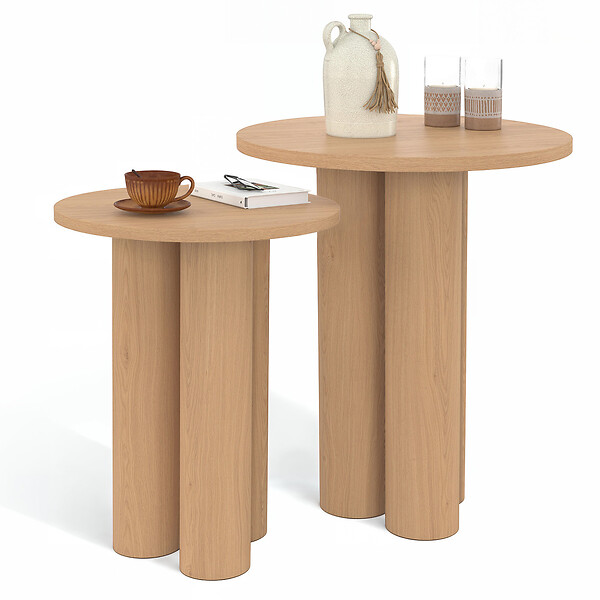 ID MARKET - Lot de 2 tables d'appoint rondes, table basse, bouts de canapé, tables de chevet ELOISE 35/40 cm bois effet hêtre - large