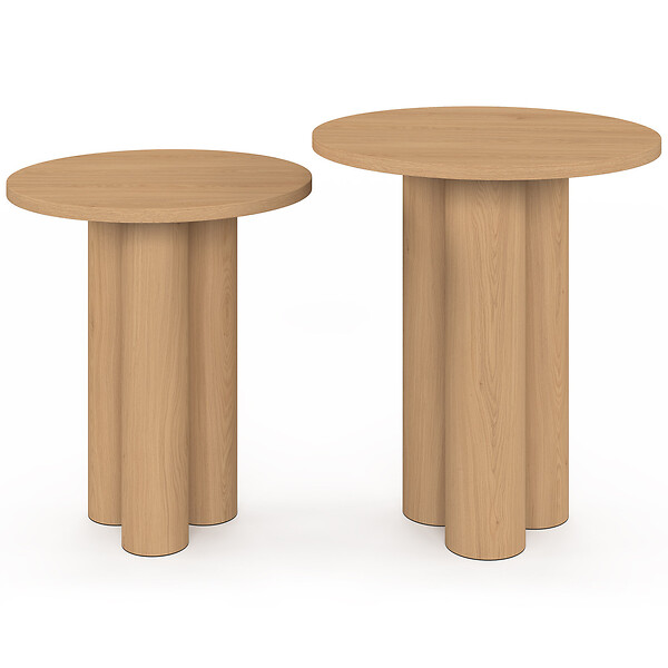 ID MARKET - Lot de 2 tables d'appoint rondes, table basse, bouts de canapé, tables de chevet ELOISE 35/40 cm bois effet hêtre - large