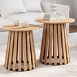 ID MARKET - Lot de 2 tables d'appoint rondes, table basse, bouts de canapé, tables de chevet CARMEN 40/45 cm pied en lattes et plateau bois - vignette