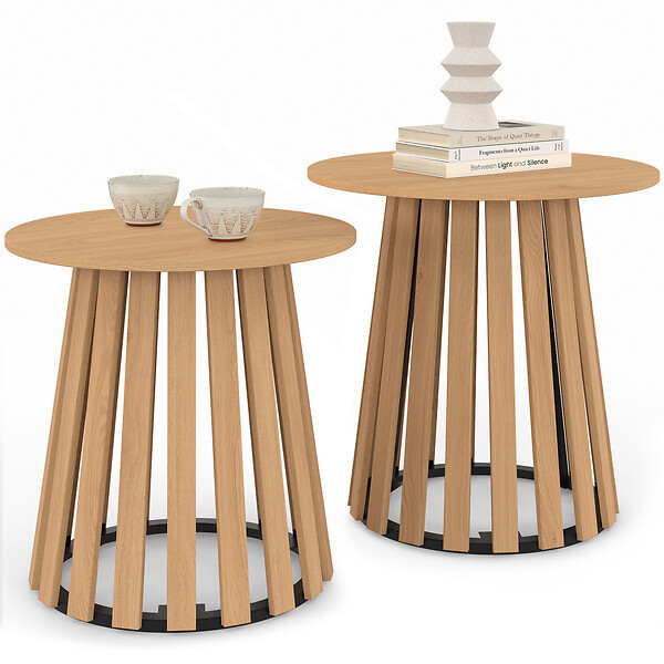 ID MARKET - Lot de 2 tables d'appoint rondes, table basse, bouts de canapé, tables de chevet CARMEN 40/45 cm pied en lattes et plateau bois - large