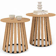 ID MARKET - Lot de 2 tables d'appoint rondes, table basse, bouts de canapé, tables de chevet CARMEN 40/45 cm pied en lattes et plateau bois - vignette