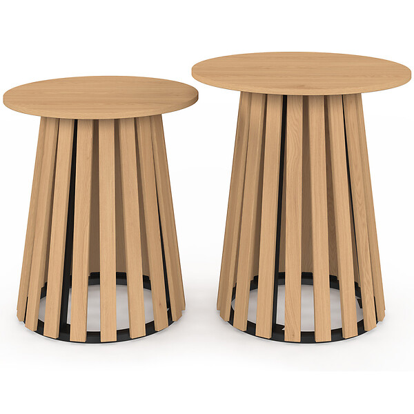 ID MARKET - Lot de 2 tables d'appoint rondes, table basse, bouts de canapé, tables de chevet CARMEN 40/45 cm pied en lattes et plateau bois - large