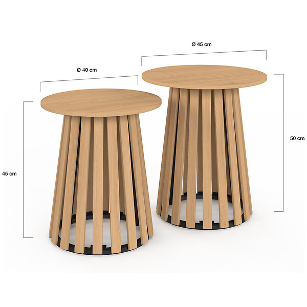 ID MARKET - Lot de 2 tables d'appoint rondes, table basse, bouts de canapé, tables de chevet CARMEN 40/45 cm pied en lattes et plateau bois - large