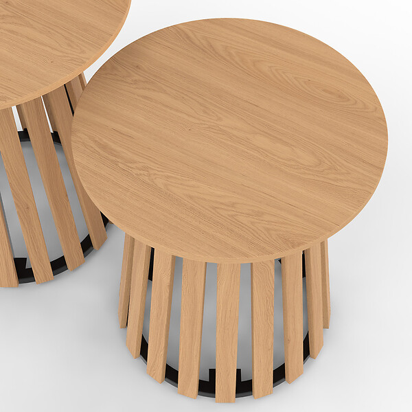 ID MARKET - Lot de 2 tables d'appoint rondes, table basse, bouts de canapé, tables de chevet CARMEN 40/45 cm pied en lattes et plateau bois - large