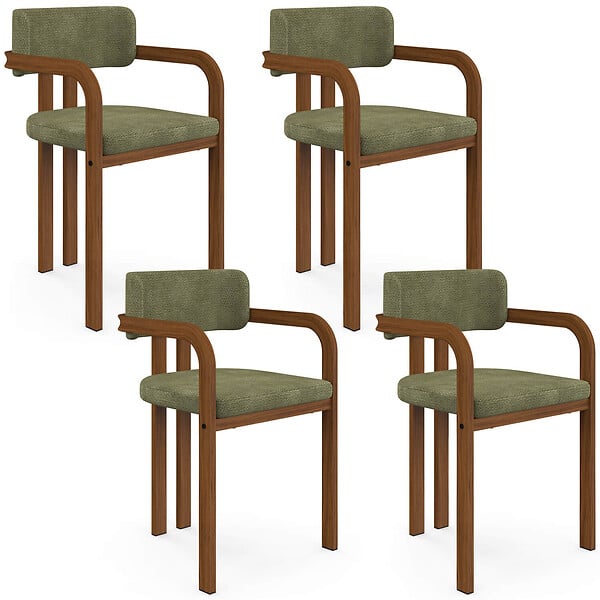 ID MARKET - Lot de 4 chaises de salle à manger, fauteuils de table ESMA en métal effet noyer et tissu chenille vert avec accoudoirs - large