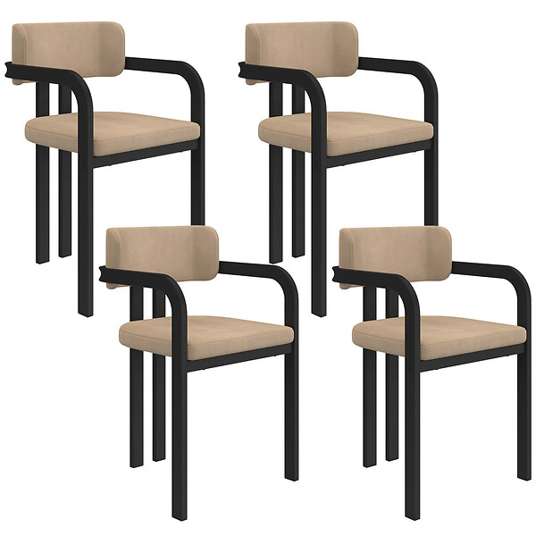 ID MARKET - Lot de 4 chaises de salle à manger, fauteuils de table ESMA en métal noir et velours taupe avec accoudoirs - large